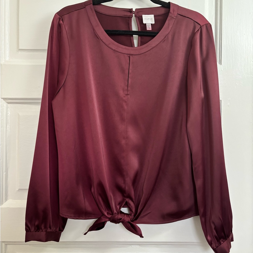 Burgundy front tie satin blouse